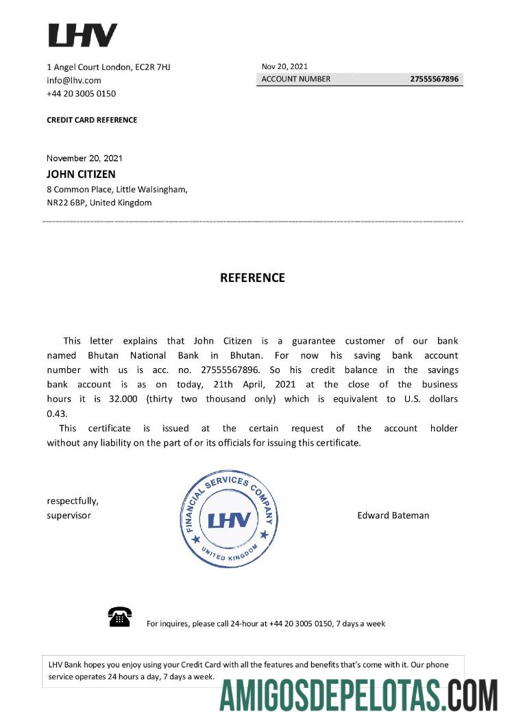 Referência de Balanço LHV do Reino Unido exemplo real